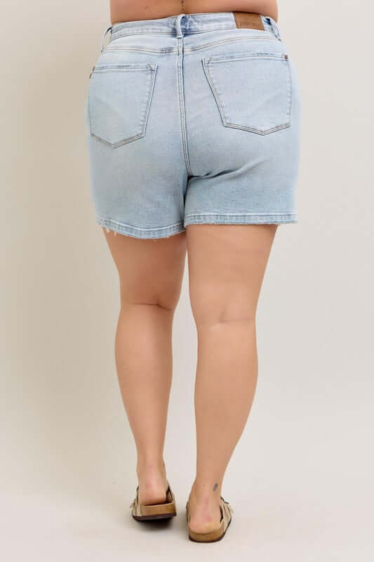 Judy Blue Frayed Hem High Rise Denim Shorts with Pockets - In Style Chics Boutique Women's Juniors Plus Size Apparel Online