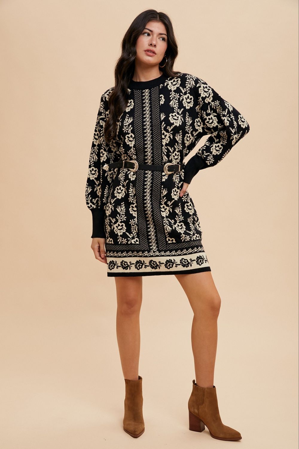 Annie Wear Floral Jacquard Round Neck Sweater Dress - In Style Chics Boutique LLC