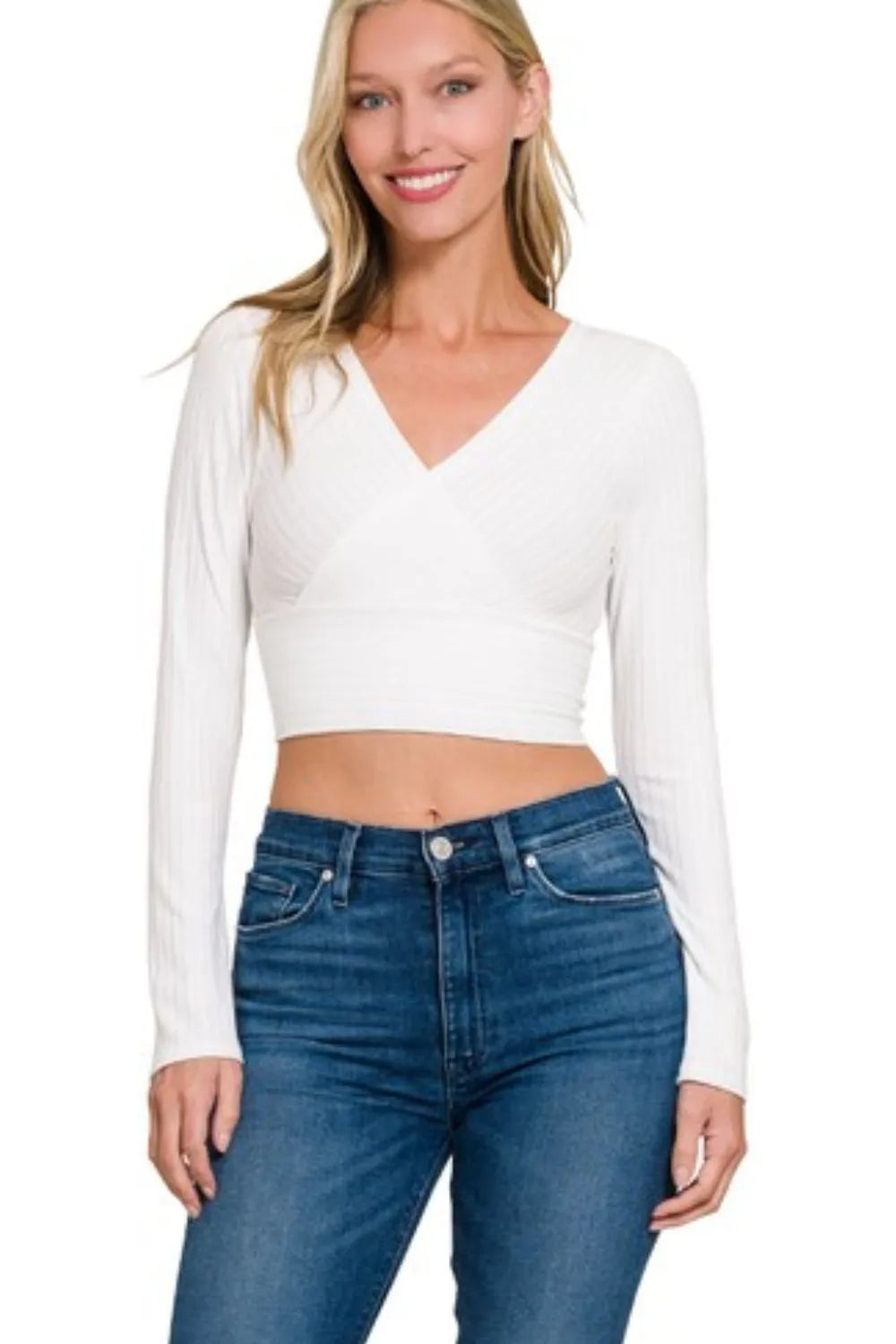 Long Sleeve White Sweater Top, Ribbed Surplus Waist Band - In Style Chics Boutique Women's Juniors Clothes Online