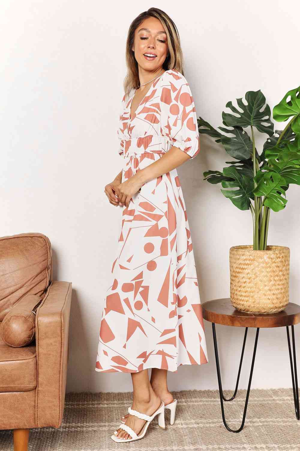 Printed Surplice Balloon Sleeve Dress - spring dresses - In Style Chics Boutique Online Clothing