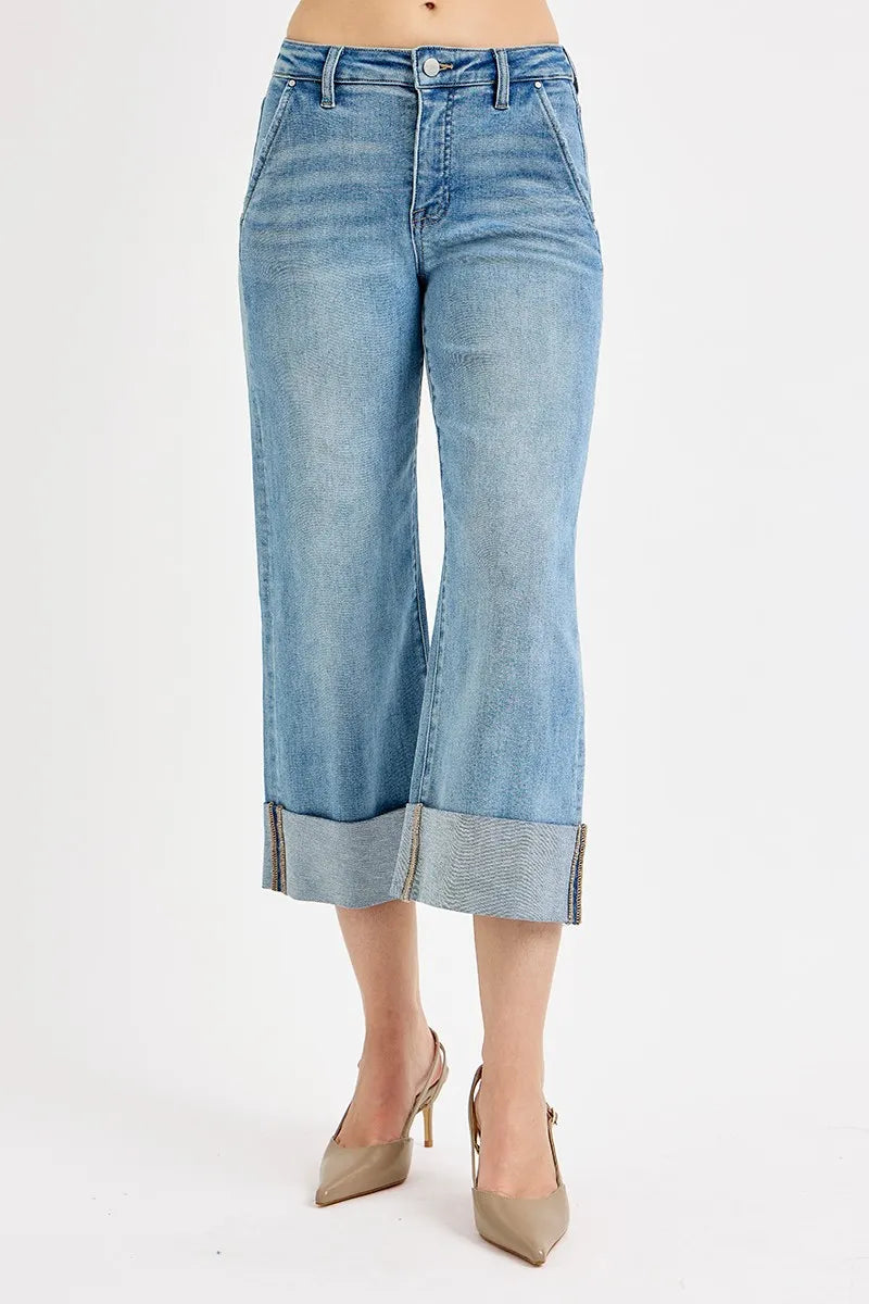 Tummy Control High Rise Ankle Wide Cuffed Jeans at In Style Chics Boutique
