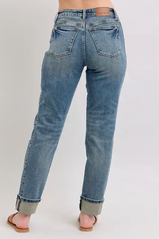 Judy Blue Mid Rise Vintage Wash Double Roll Cuff Boyfriend Jeans - In Style Chics Boutique Women's Juniors Plus Size Apparel Online