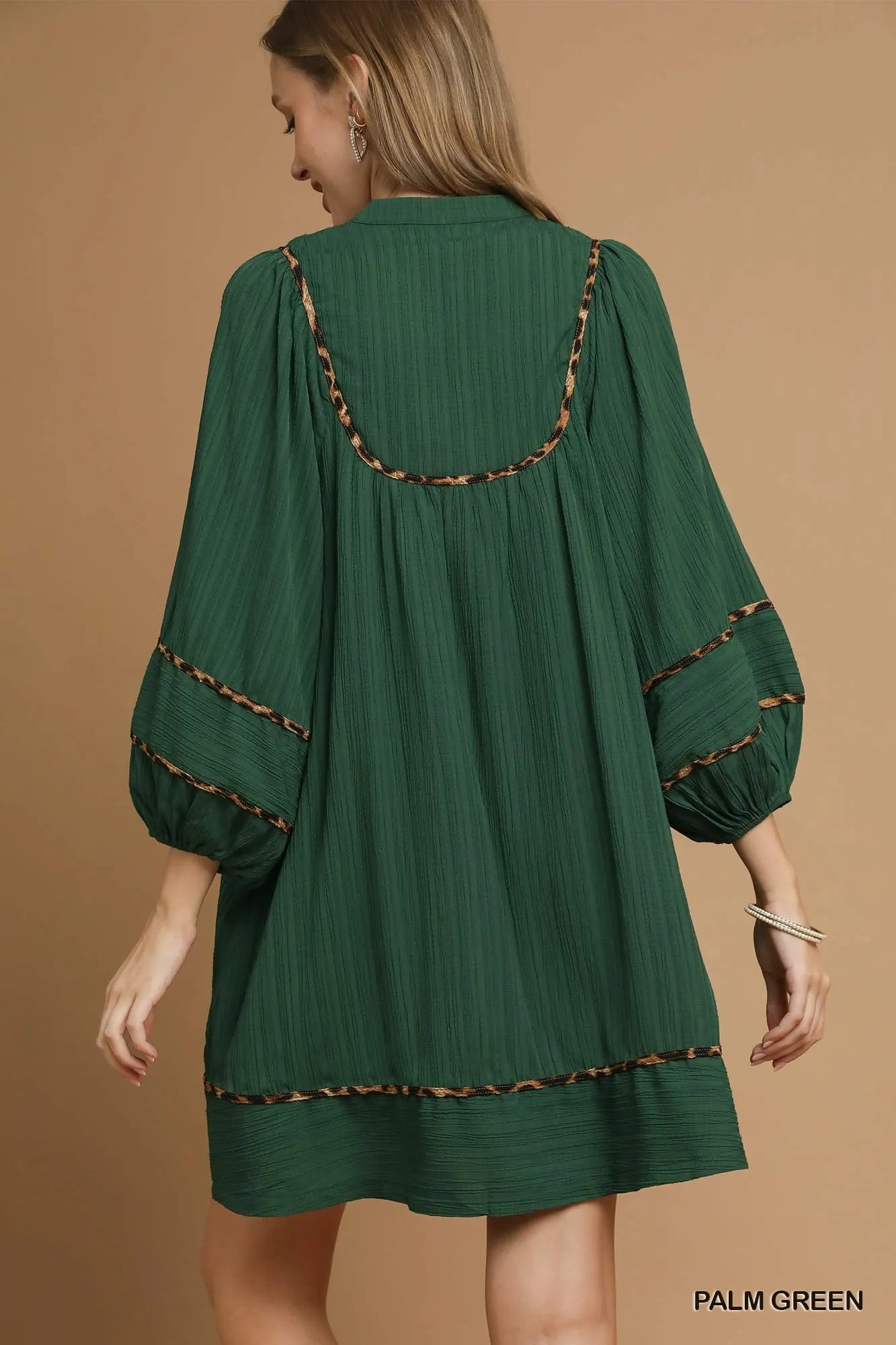 Textured Babydoll Dress with Leopard Trim at In Style Chics Boutique