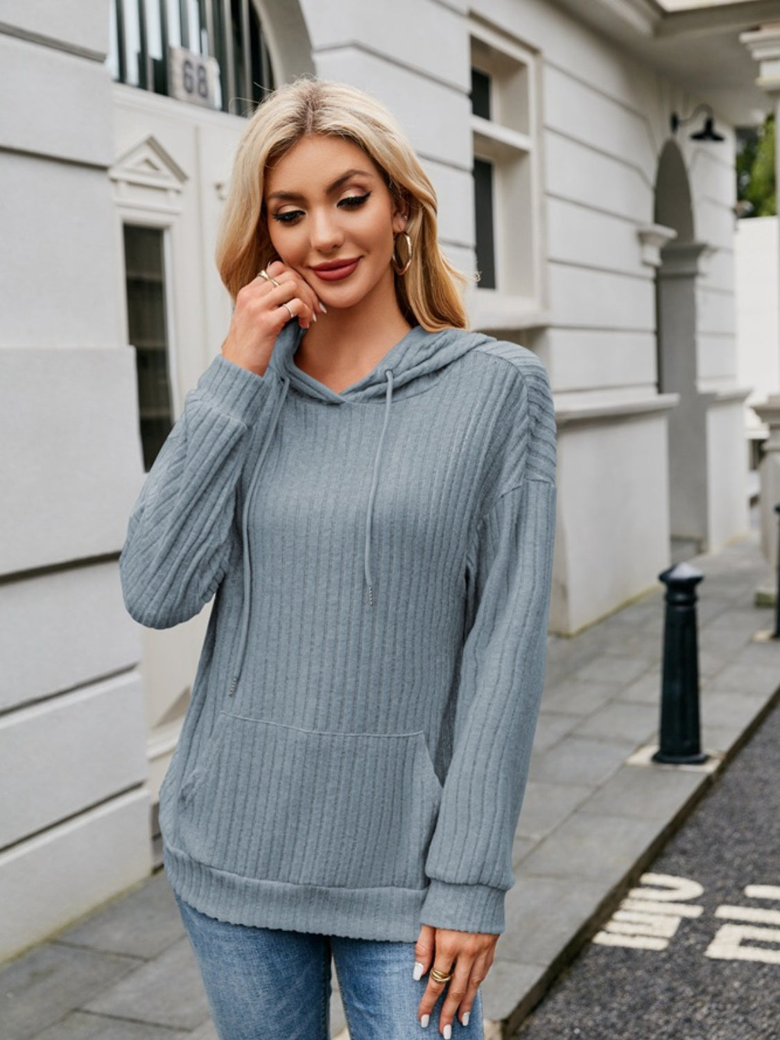 Ribbed Drawstring Long Sleeve Hoodie - In Style Chics Boutique LLC