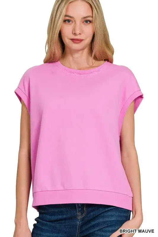 French Terry Round Neck Cap Sleeve T-Shirt