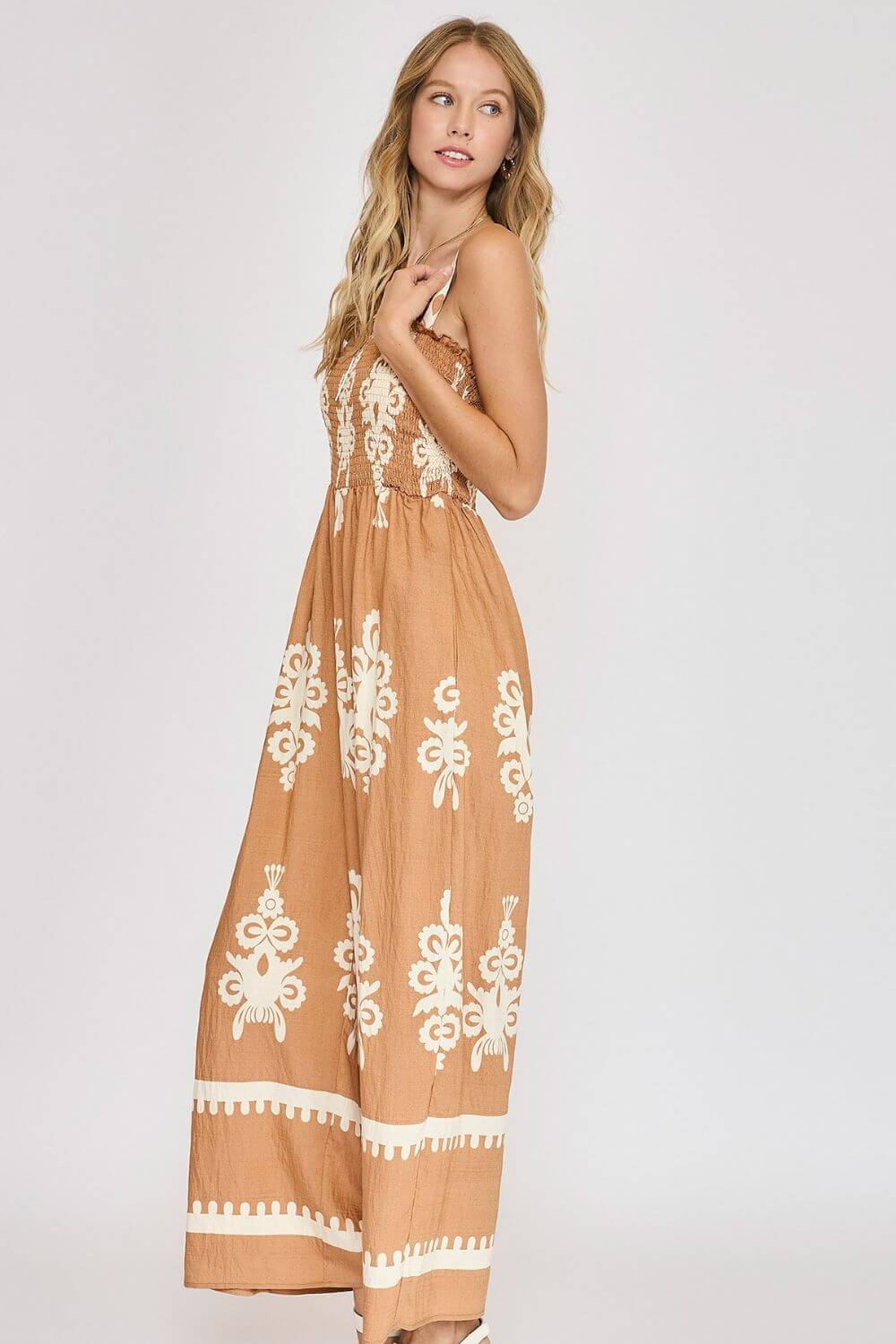 Smocked Printed Wide Leg Jumpsuit - Cute Clothes Online - In Style Chics Boutique Women's Juniors Plus Size Apparel