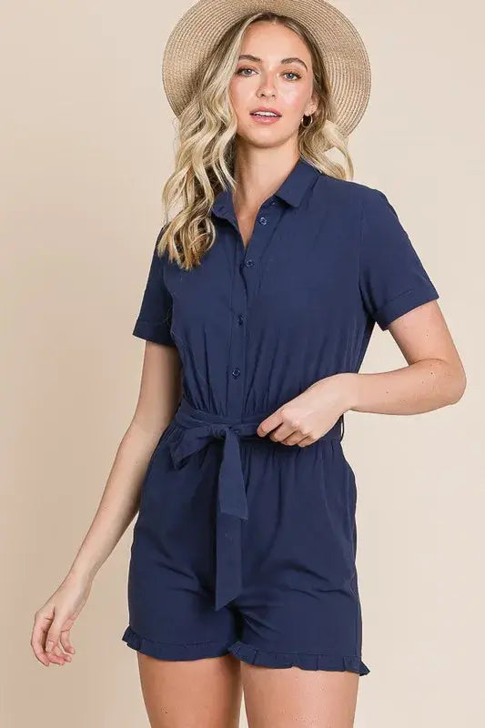 Collared Button Down Navy Romper with Tie Belt - Summer Stylish Fashion - In Style Chics Boutique Women's Juniors Apparel Online