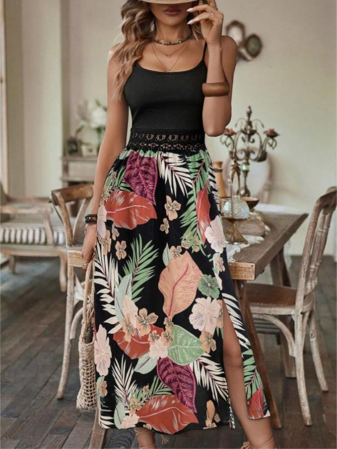 Slit Printed Scoop Neck Cami Dress - In Style Chics Boutique LLC