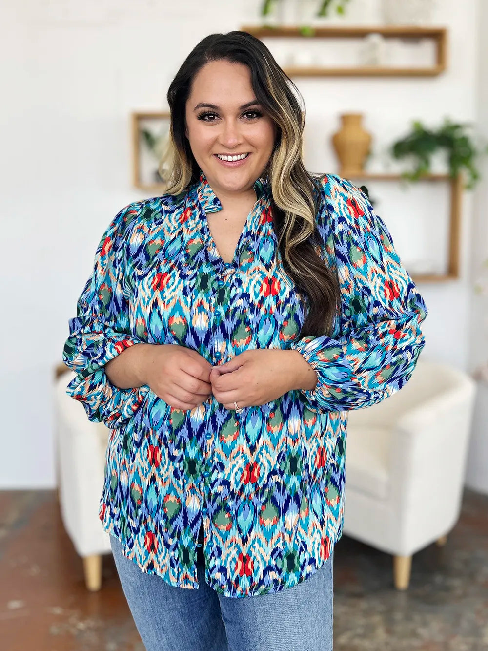 Printed Balloon Sleeve Blouse 💙 Shop Deals at In Style Chics Boutique