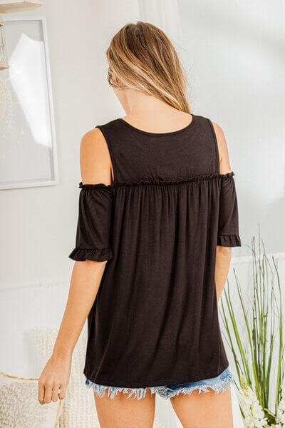 Women's Juniors Round Neck Cold Shoulder Frill T-Shirt - In Style Chics Boutique - Shop Online Fashion