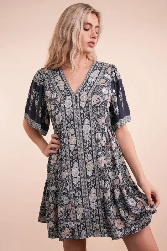 Shirring Detail Printed Woven Mini Dress - In Style Chics Boutique