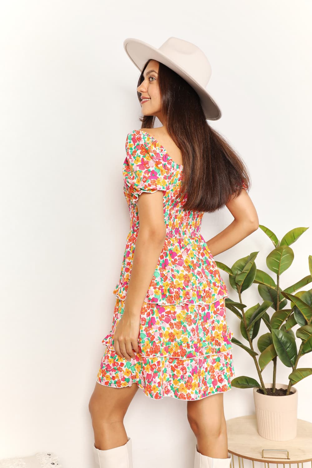 Devine Smocked Sweetheart Neck Flounce Sleeve Mini Dress - In Style Chics Boutique LLC