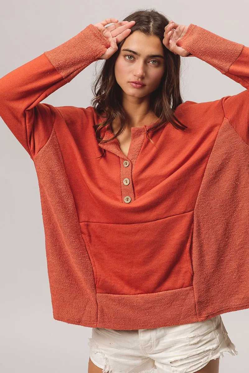 French Terry Knit Side Block Buttoned Henley Top at In Style Chics Boutique