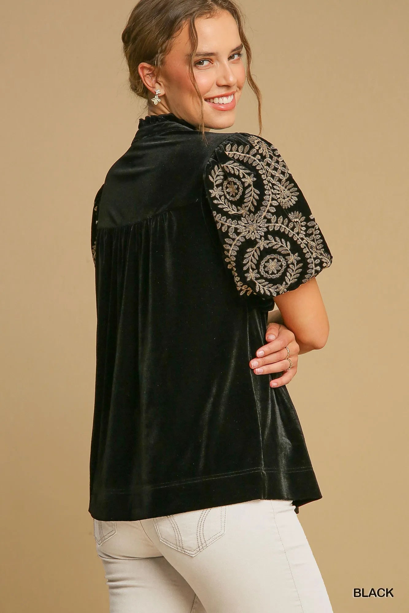Velvet Embroidered Sleeve Blouse at In Style Chics Boutique