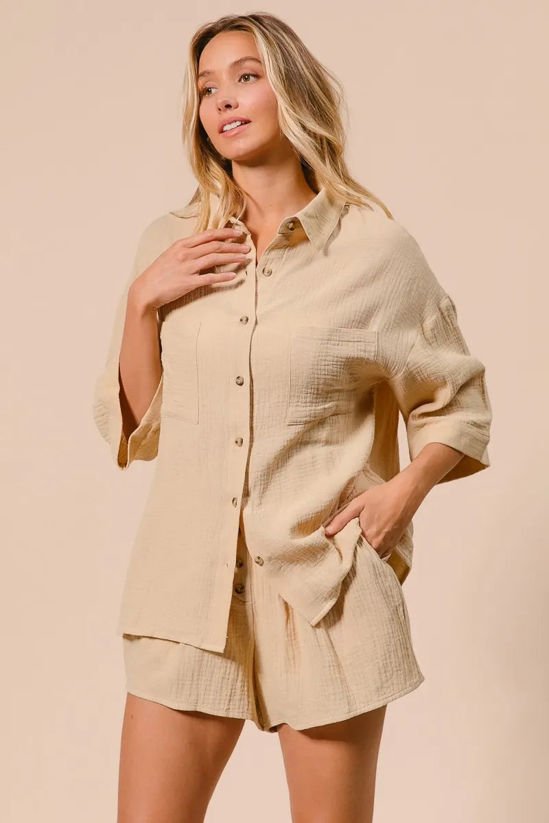 Crinkle Gauze Shirt and Short Set For Women - In Style Chics Boutique Women's Juniors Cute Clothes Online