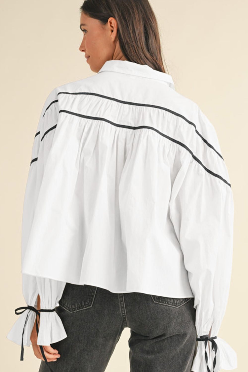 Ribbon Bowtie Collared Neck Flounce Sleeve Shirt - In Style Chics Boutique LLC