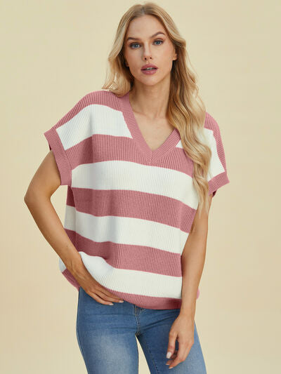 Women's Striped V-Neck Short Sleeve Sweater - In Style Chics Boutique Online Clothing