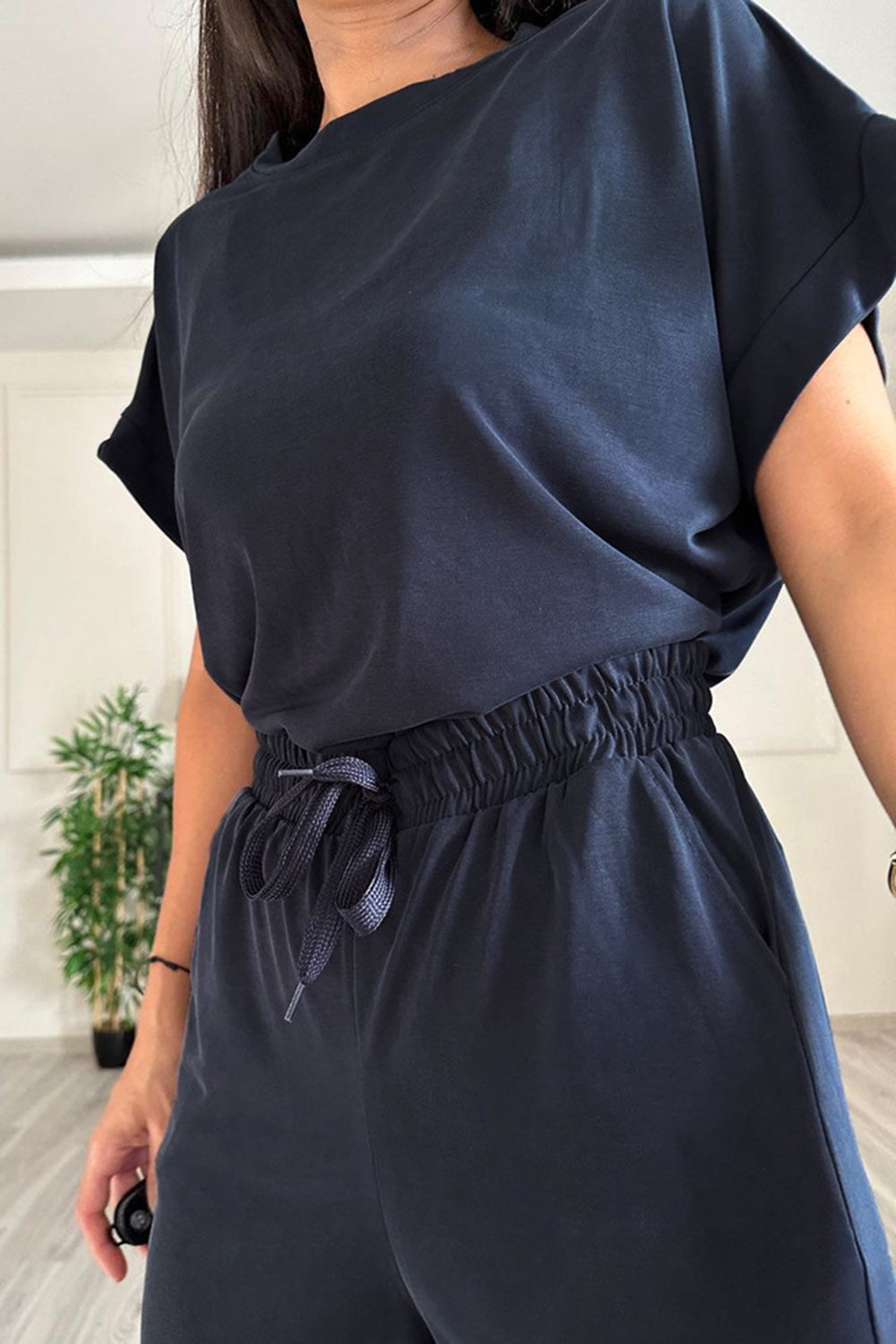 Round Neck Short Sleeve Top and Drawstring Pants Set - In Style Chics Boutique LLC