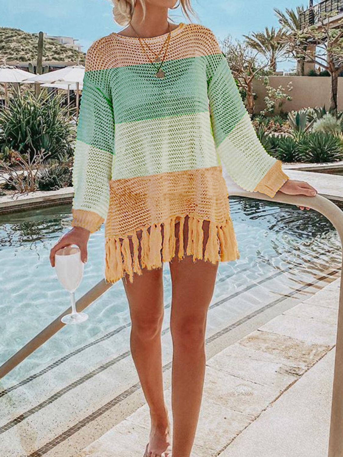 Double Take Openwork Tassel Hem Long Sleeve Knit Cover Up - More Colors! - In Style Chics Boutique LLC