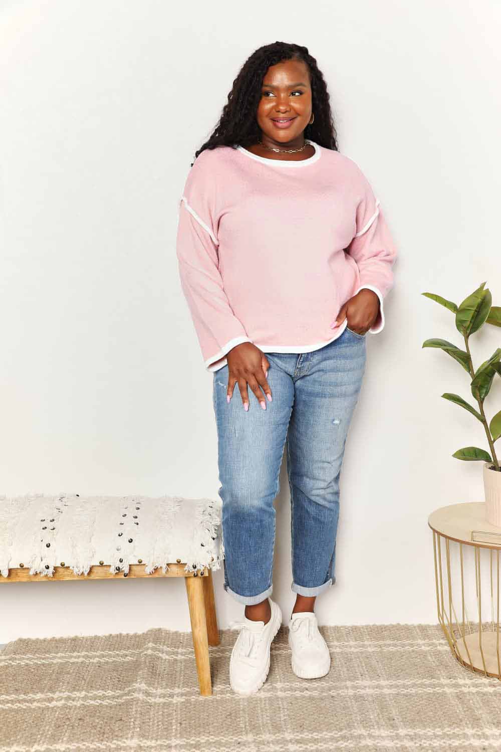Angel Wings Contrast Detail Dropped Shoulder Knit Top - In Style Chics Boutique LLC