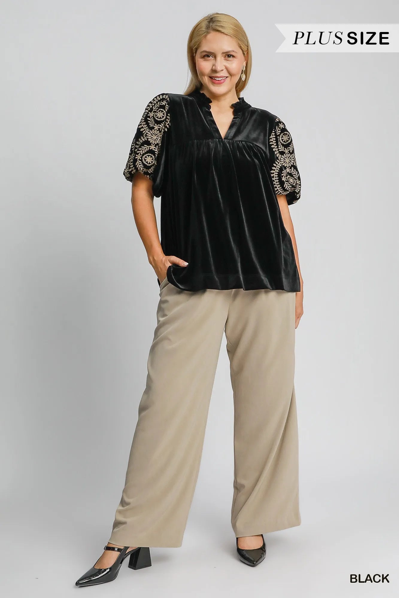 Velvet Embroidered Sleeve Blouse at In Style Chics Boutique
