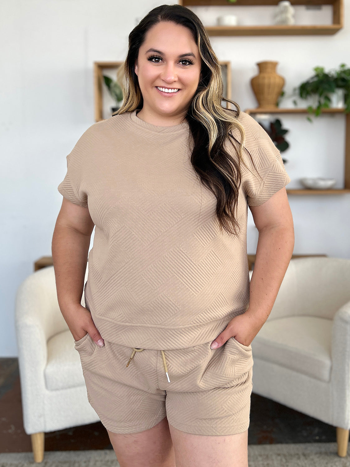 Double Take Texture Short Sleeve T-Shirt and Drawstring Shorts Set - In Style Chics Boutique LLC