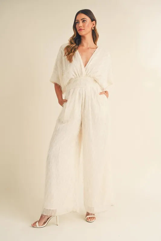 Fluffy Deep V Neck Wide Leg Jumpsuit - sophisticated look - In Style Chics Boutique Women's Juniors Apparel Online