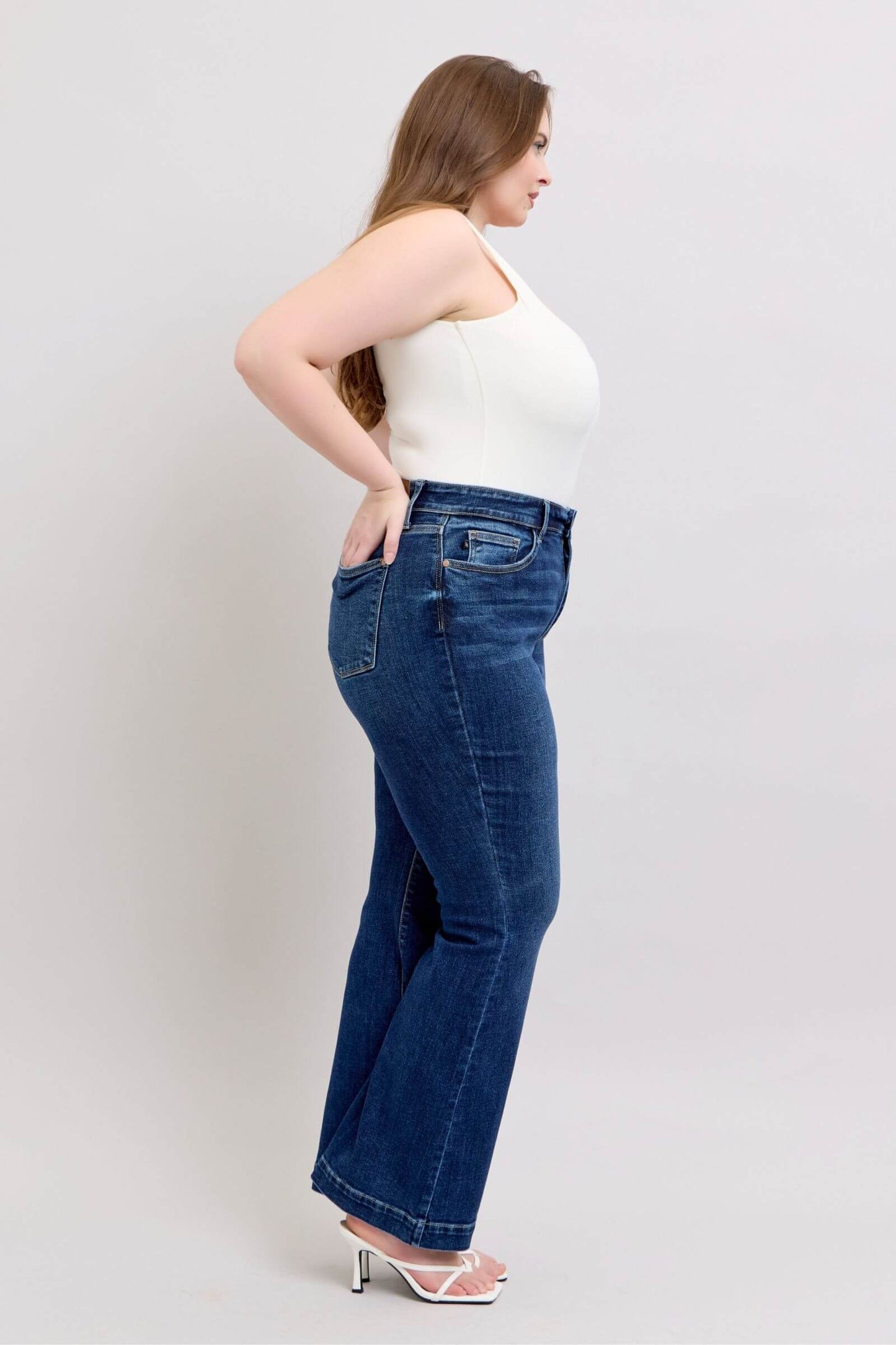 Judy Blue Full Size Run High Rise Flare Jeans with Pockets - No Distressing Quality Jeans - In Style Chics Boutique Online Clothing Women's Juniors Plus Size Apparel