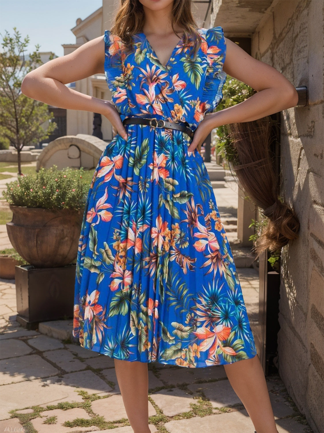 Ruffled Printed Surplice Cap Sleeve Dress - In Style Chics Boutique LLC