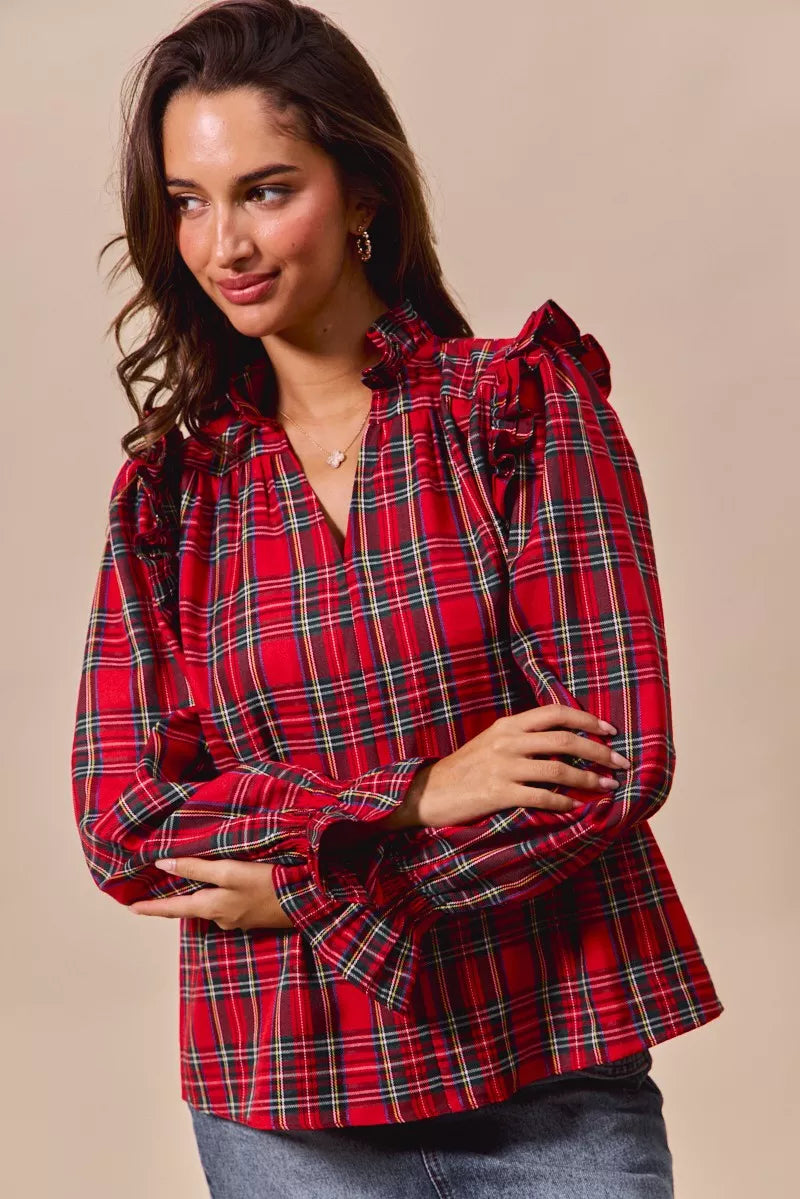 Christmas Checkered Plaid Smocked ♥️ Blouse at In Style Chics Boutique