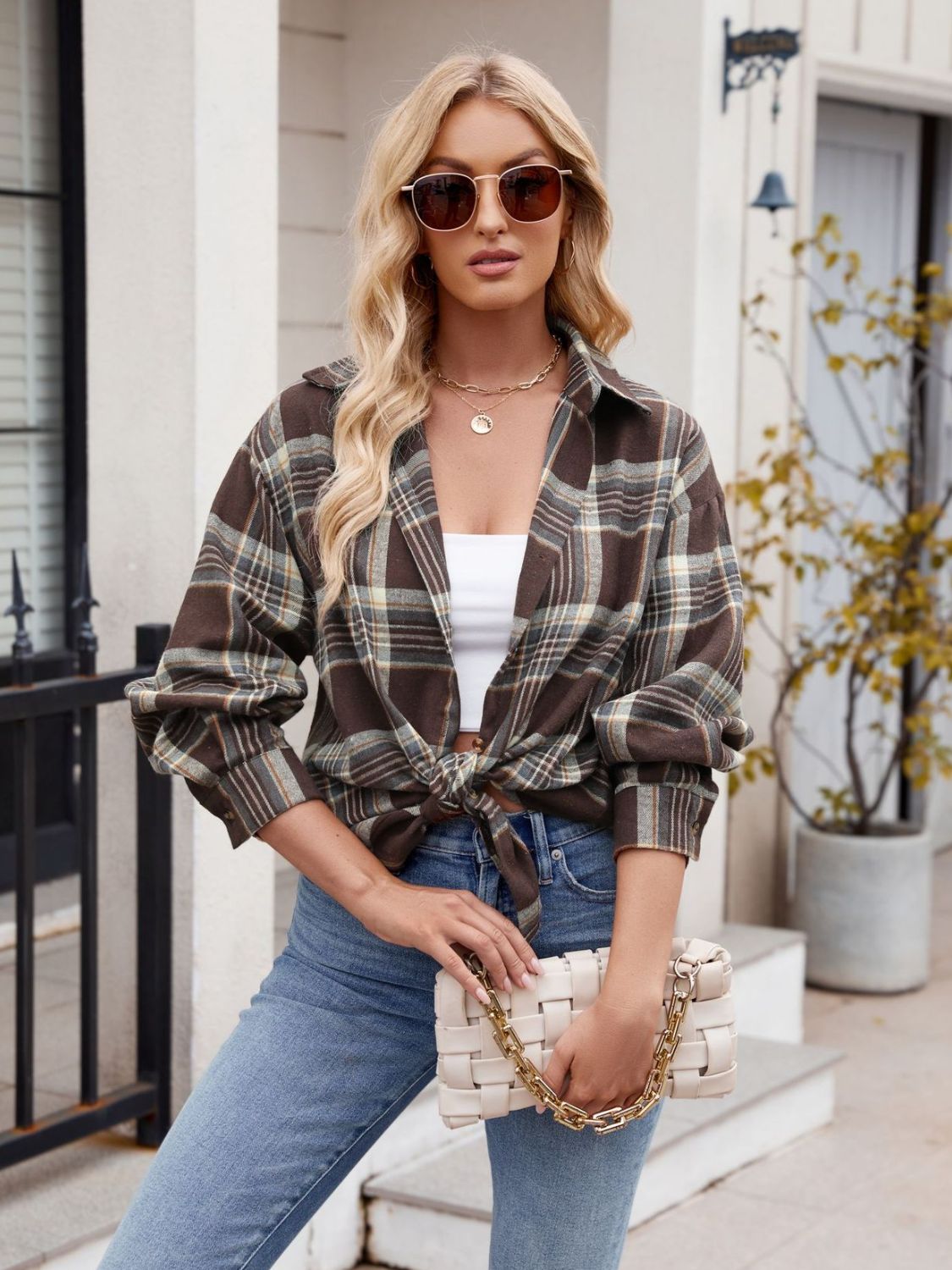 Pocketed Plaid Collared Neck Long Sleeve Shirt - In Style Chics Boutique LLC