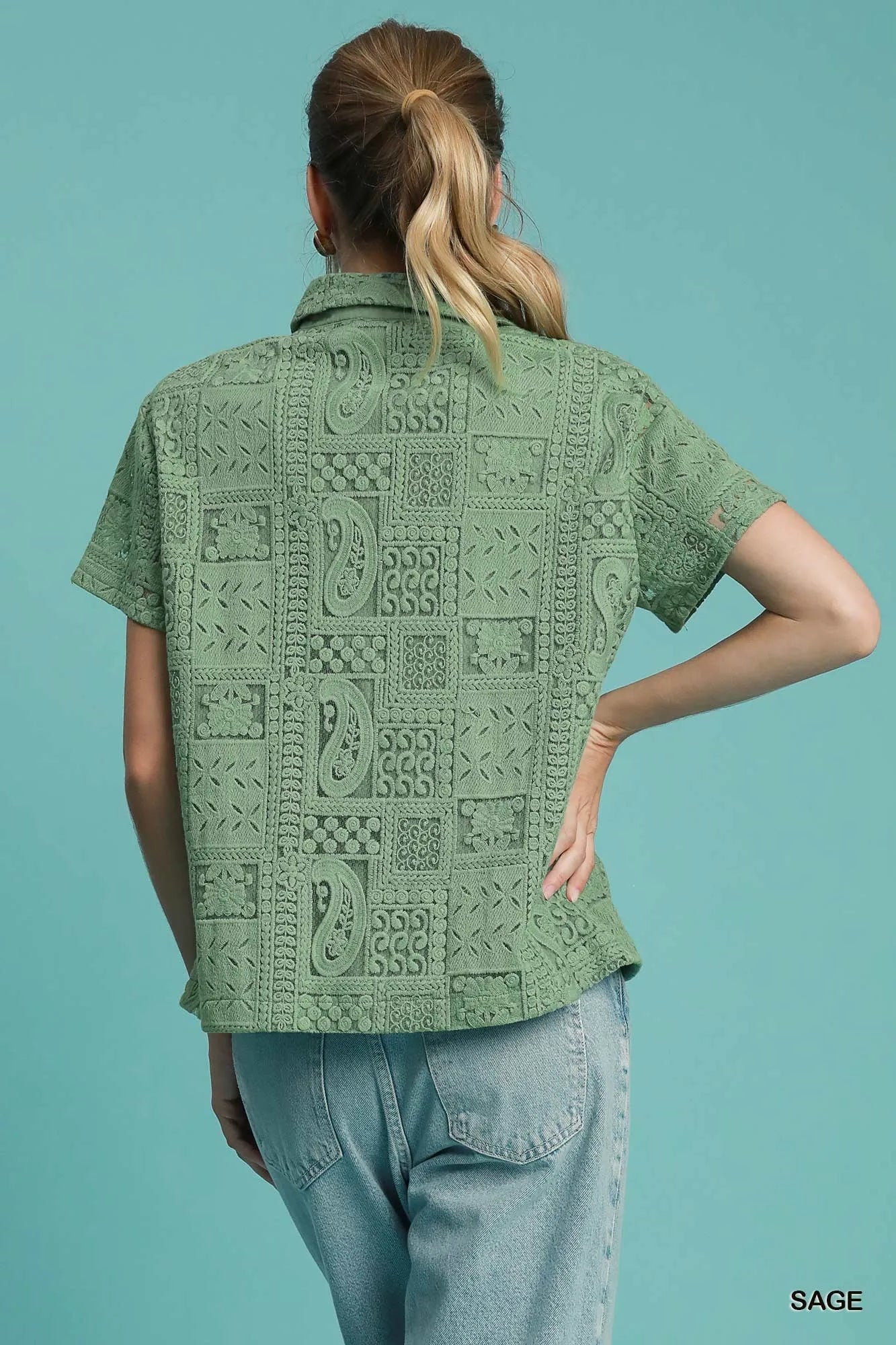 Short Sleeve Button Down Shirt, Patch Lace at In Style Chics Boutique