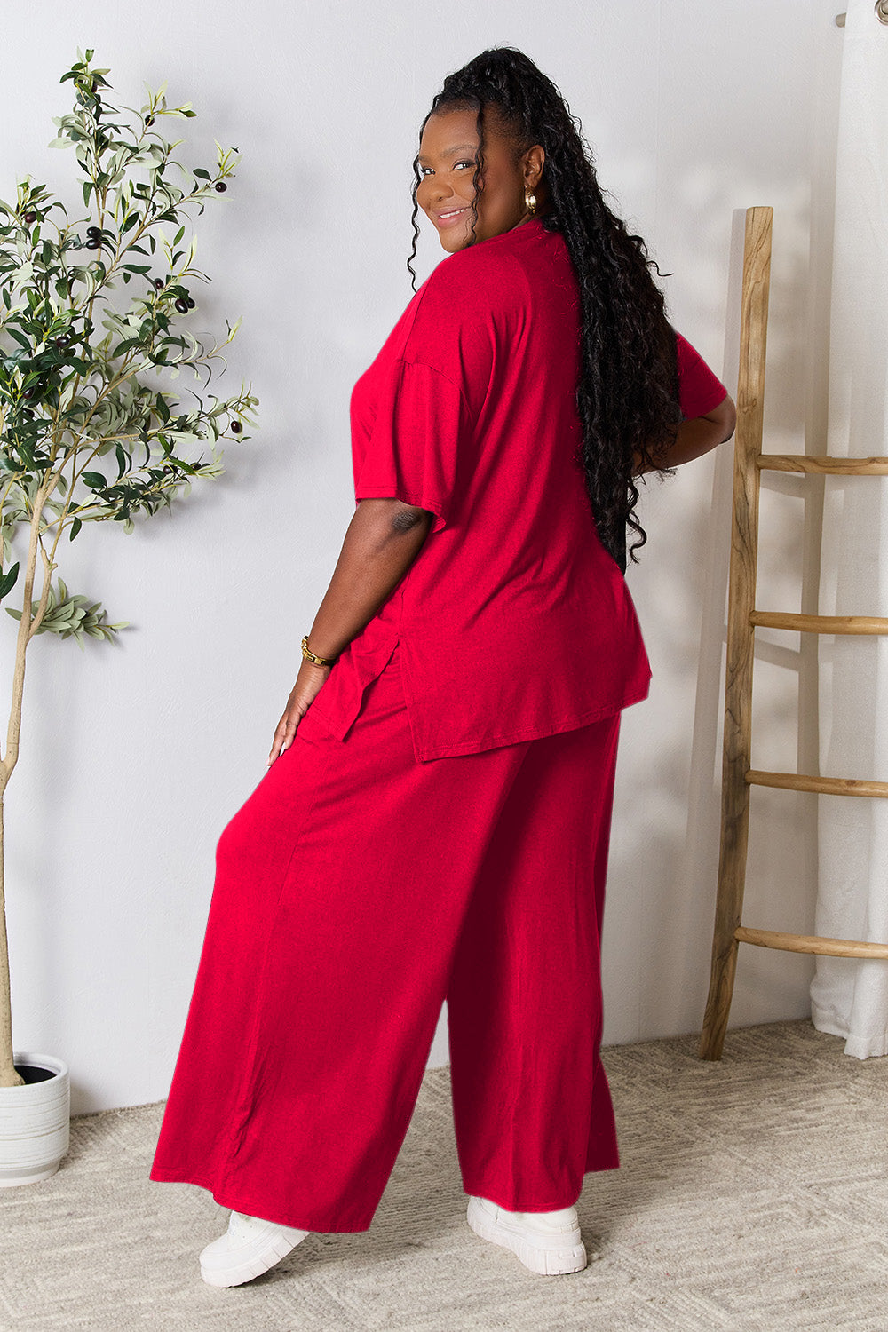 Double Take Round Neck Slit Top and Pants Set - More Colors! - In Style Chics Boutique LLC