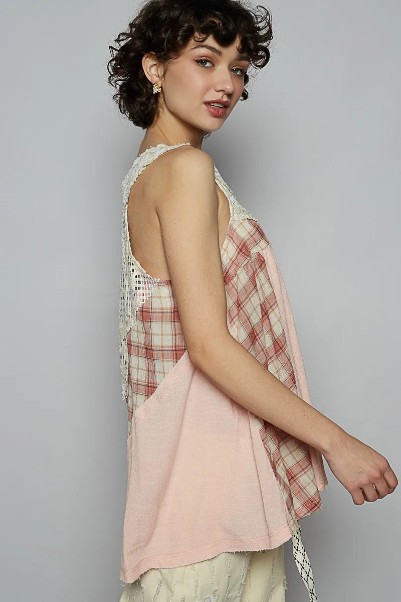 Crochet Lace Tank Top with Plaid Panel Detail - In Style Chics Boutique