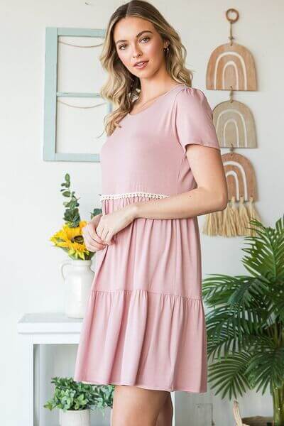 Solid Mini Tiered Dress with Pompom Lace - In Style Chics Boutique