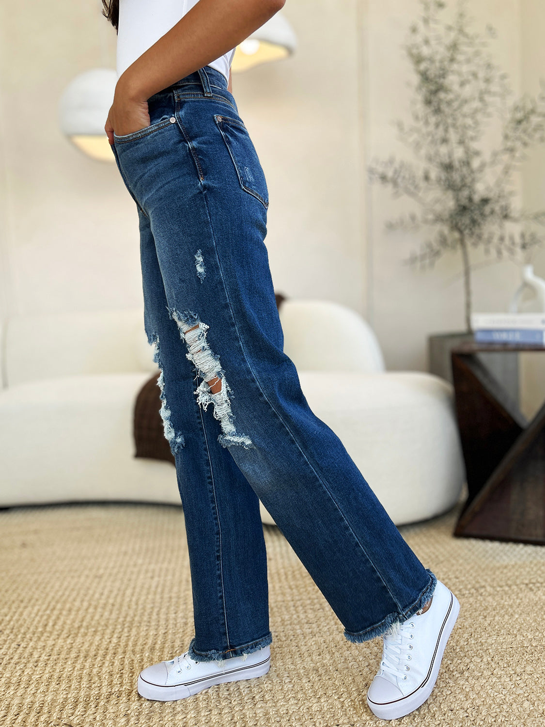 Judy Blue Full Size Mid Rise Distressed Raw Hem Women’s Jeans - In Style Chics Boutique LLC