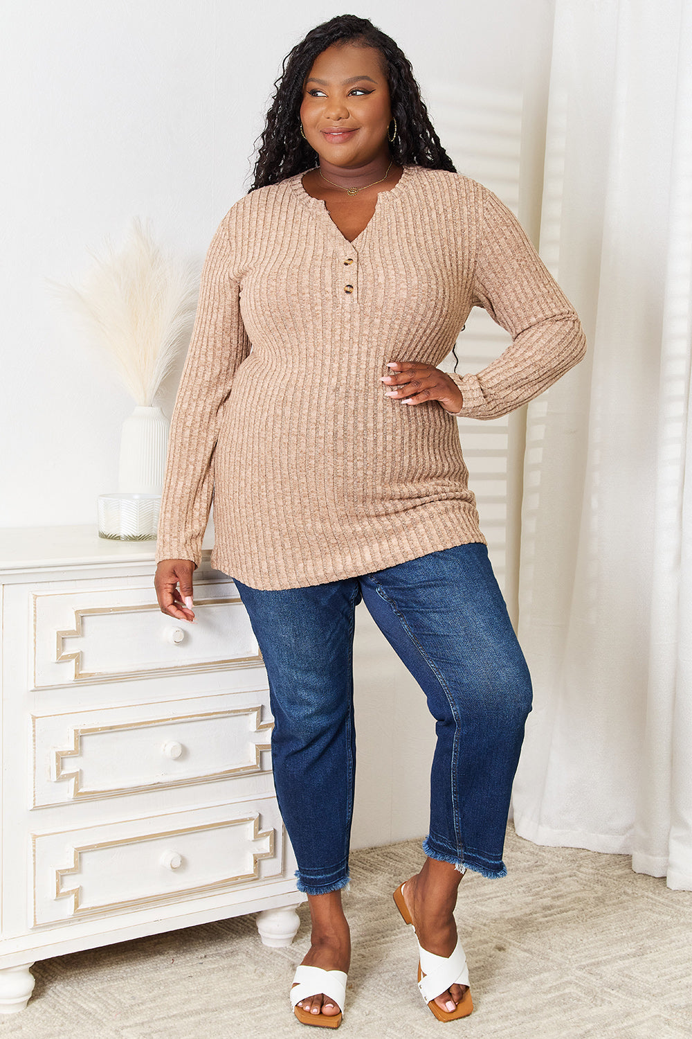 Notched Neck Ribbed Long Sleeve T-Shirt - In Style Chics Boutique Online Clothing Women's Juniors Plus Size