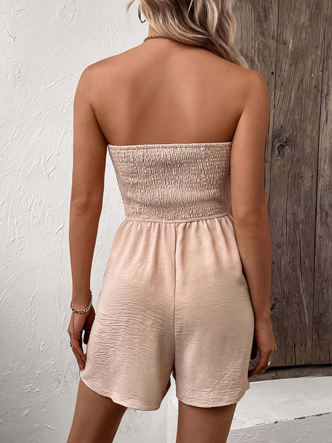 Decorative Button Smocked Strapless Romper - In Style Chics Boutique LLC
