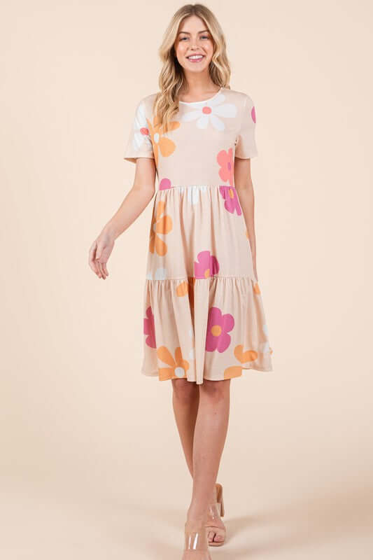 BOMBOM Floral Round Neck Short Sleeve Tiered Dress - In Style Chics Boutique Clothing Women's Juniors Apparel Cute Clothes - Made in USA Online