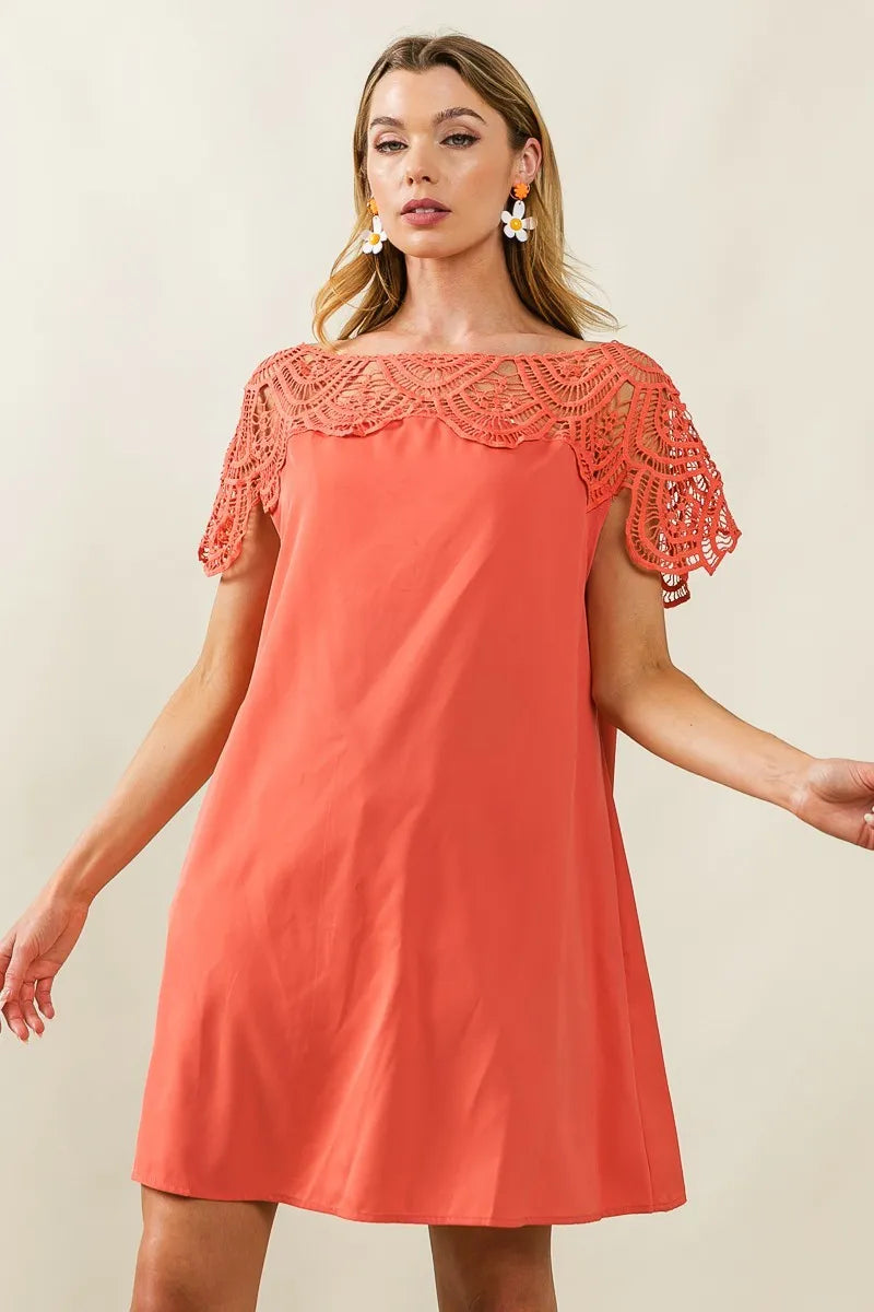 Crochet Lace Yoke Detailed Wrinkled Dress - In Style Chics Boutique Women's Juniors Clothes