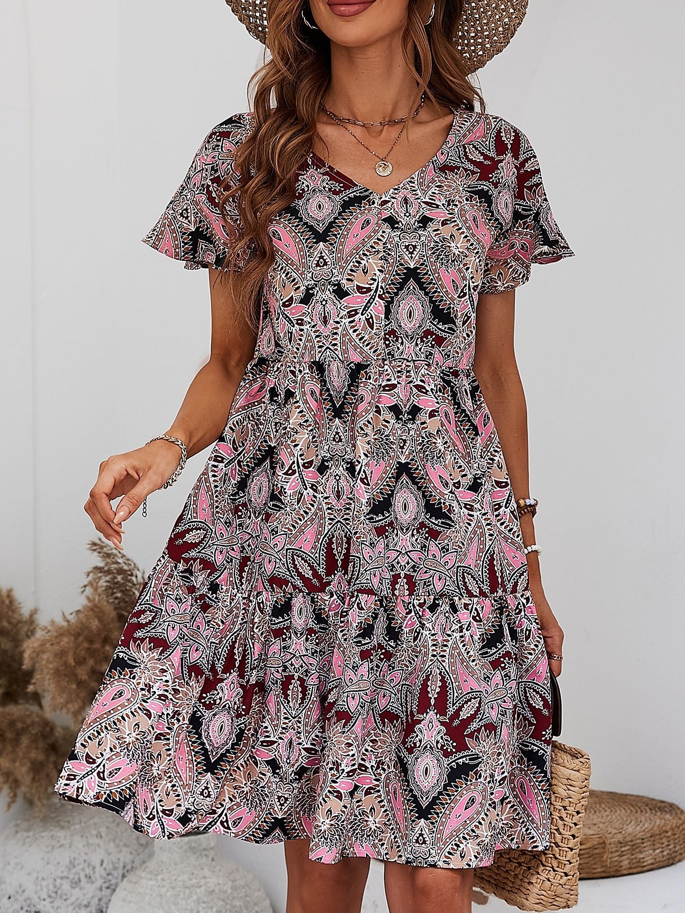Printed V-Neck Tiered Dress - In Style Chics Boutique LLC