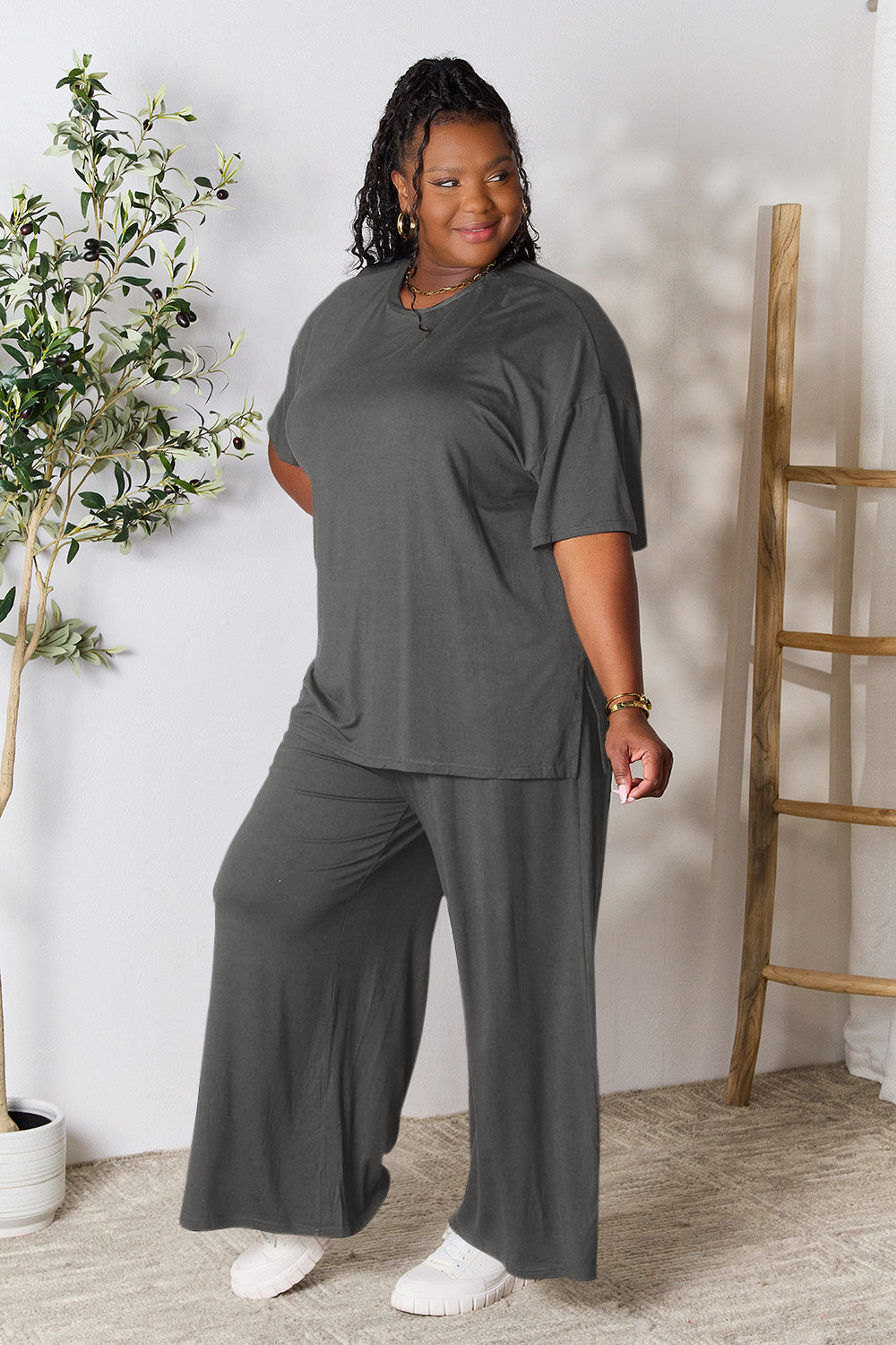 Double Take Round Neck Slit Top and Pants Set - More Colors! - In Style Chics Boutique LLC