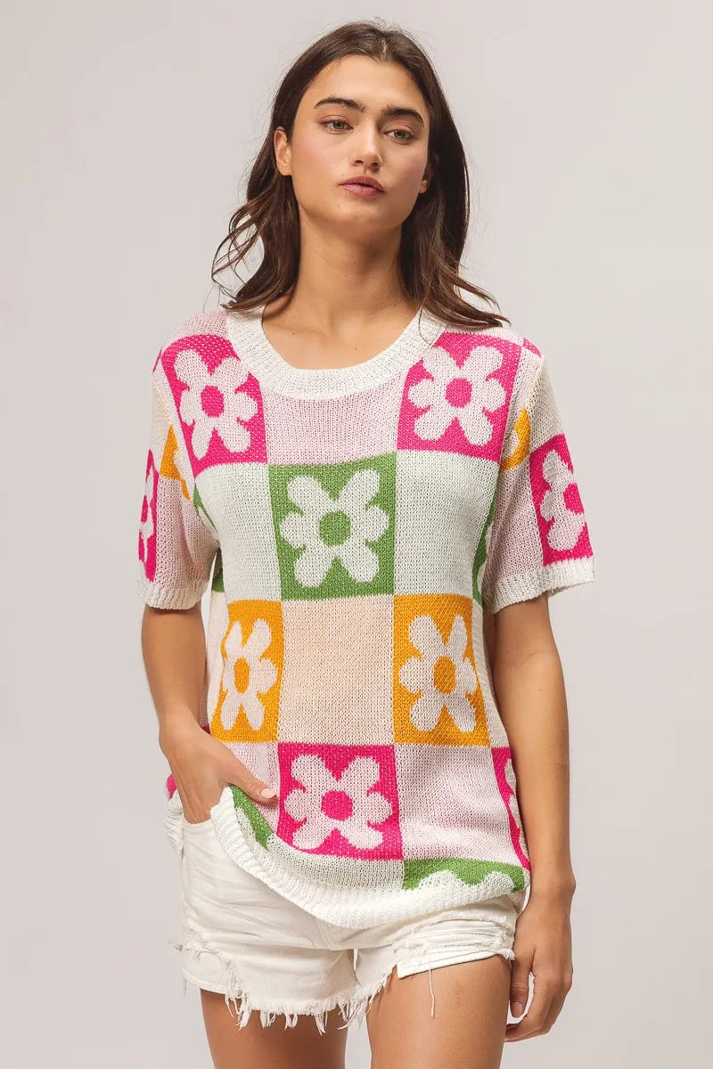 Sweater Top, Flower Checker Pattern Lightweight In Style Chics Boutique Where to buy stylish women’s clothes