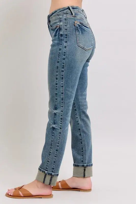 Judy Blue Mid Rise Vintage Wash Double Roll Cuff Boyfriend Jeans - In Style Chics Boutique Women's Juniors Plus Size Apparel Online