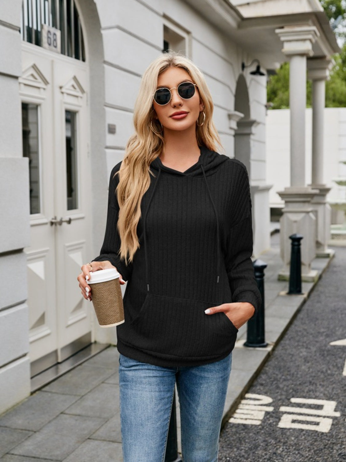 Ribbed Drawstring Long Sleeve Hoodie - In Style Chics Boutique LLC