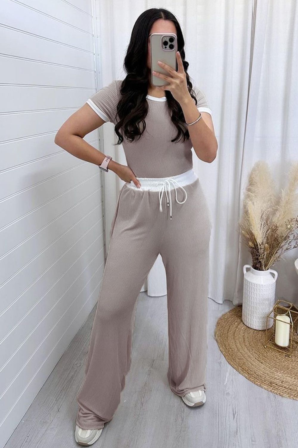 Contrast Trim Round Neck Top and Pants Set - In Style Chics Boutique LLC