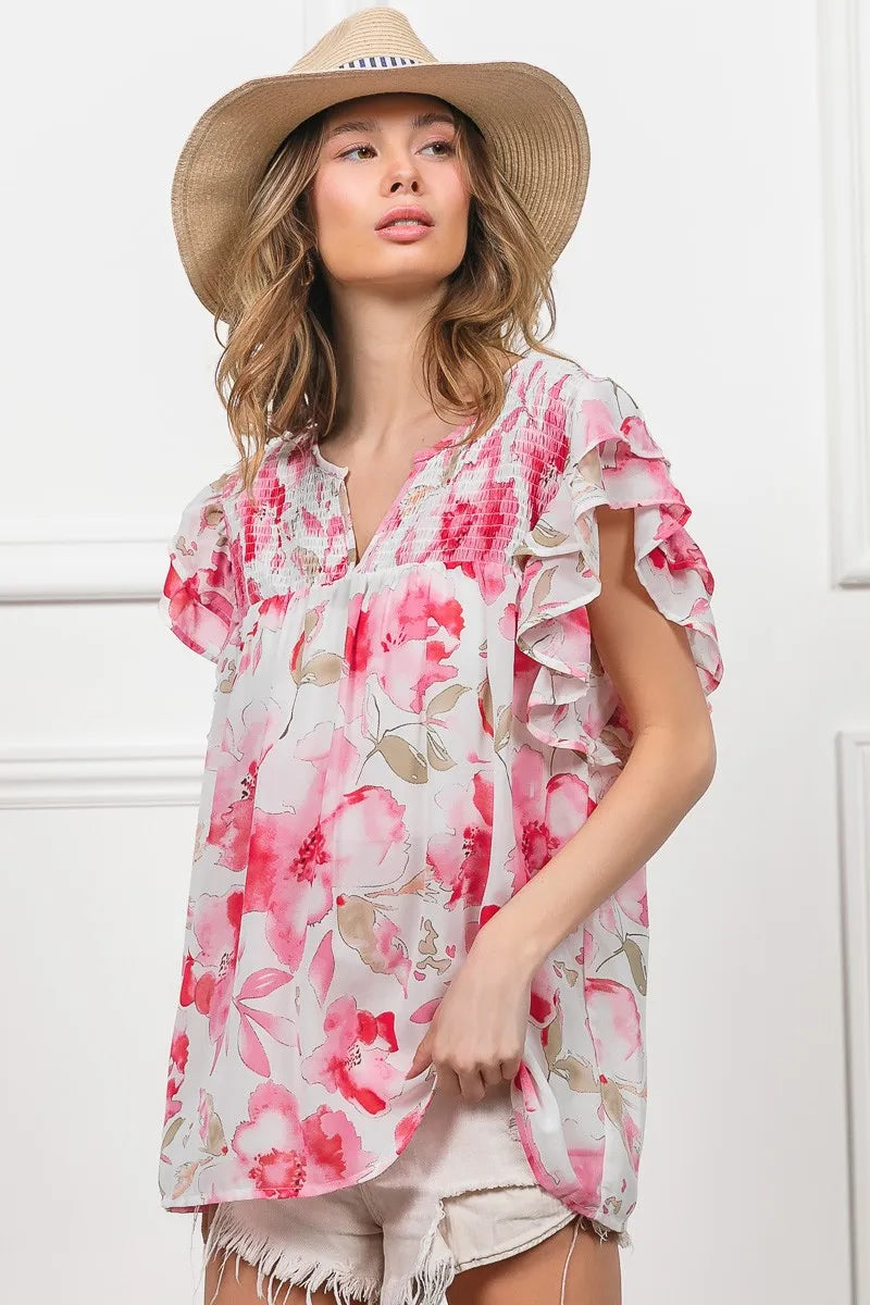 Floral Print Flutter Sheer Top at In Style Chics Boutique