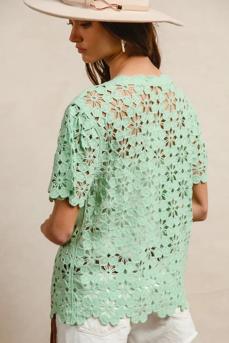 Openwork Crochet Short Sleeve Knit Top at In Style Chics Boutique