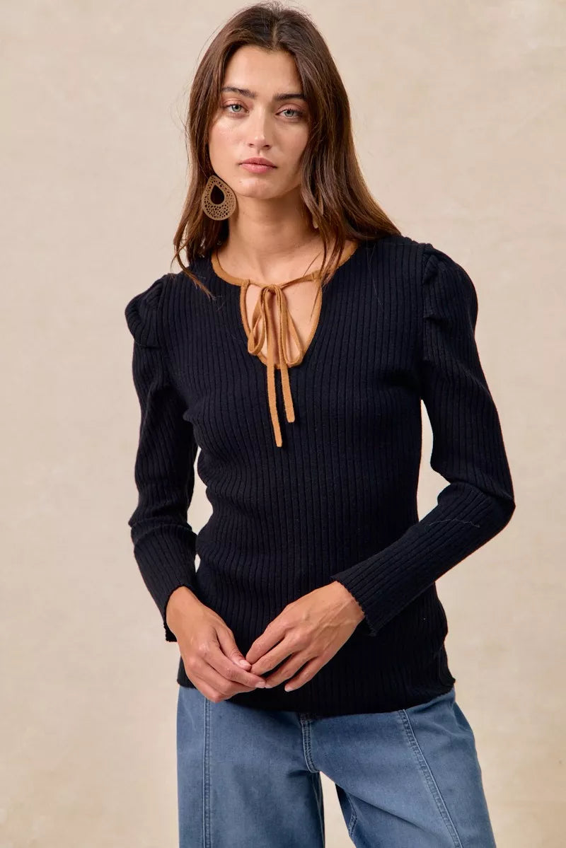 Ribbed Contrast Front Tied 🖤 Top with Shirred Detail at In Style Chics Boutique