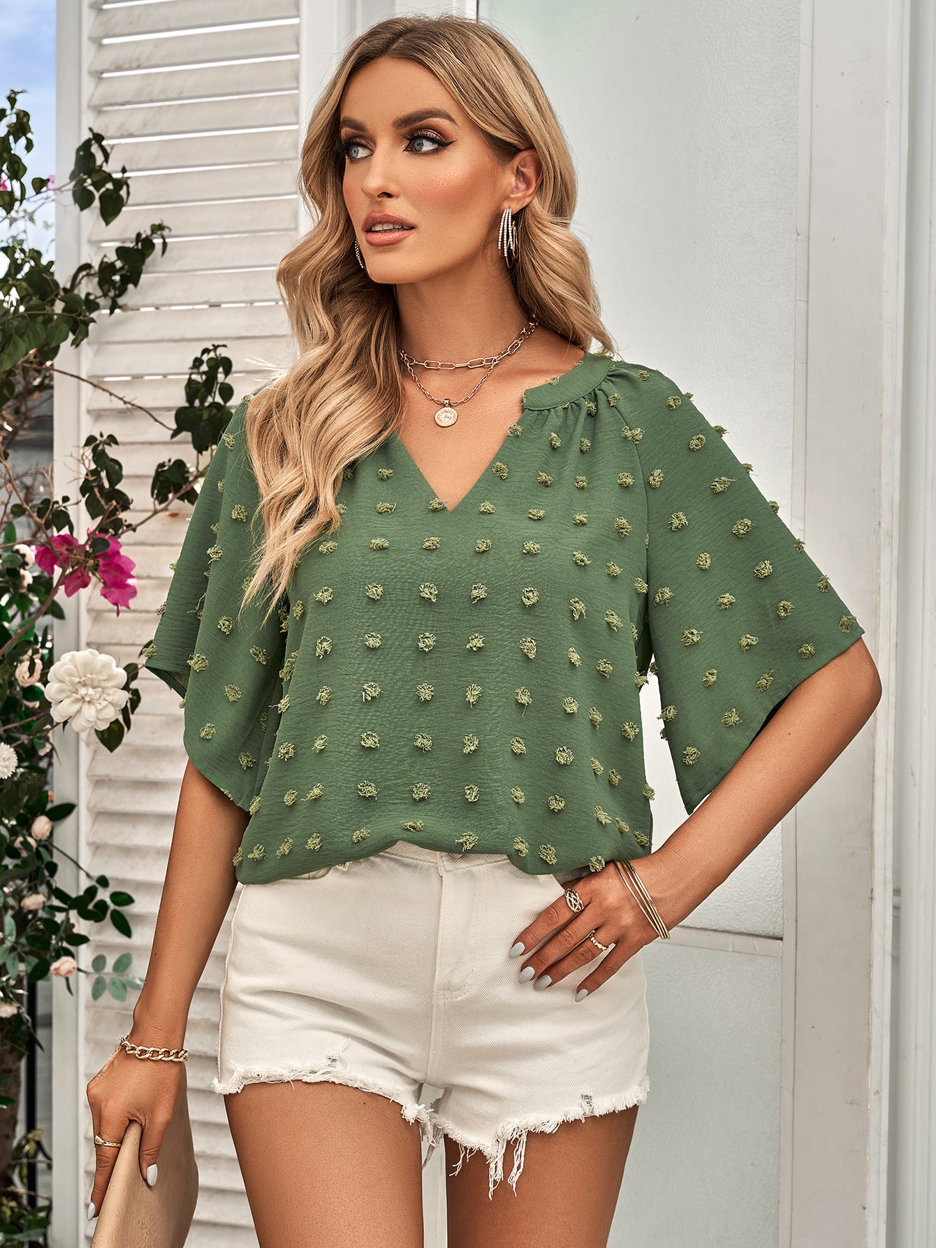 Swiss Dot Notched Neck Flare Sleeve Blouse - In Style Chics Boutique LLC